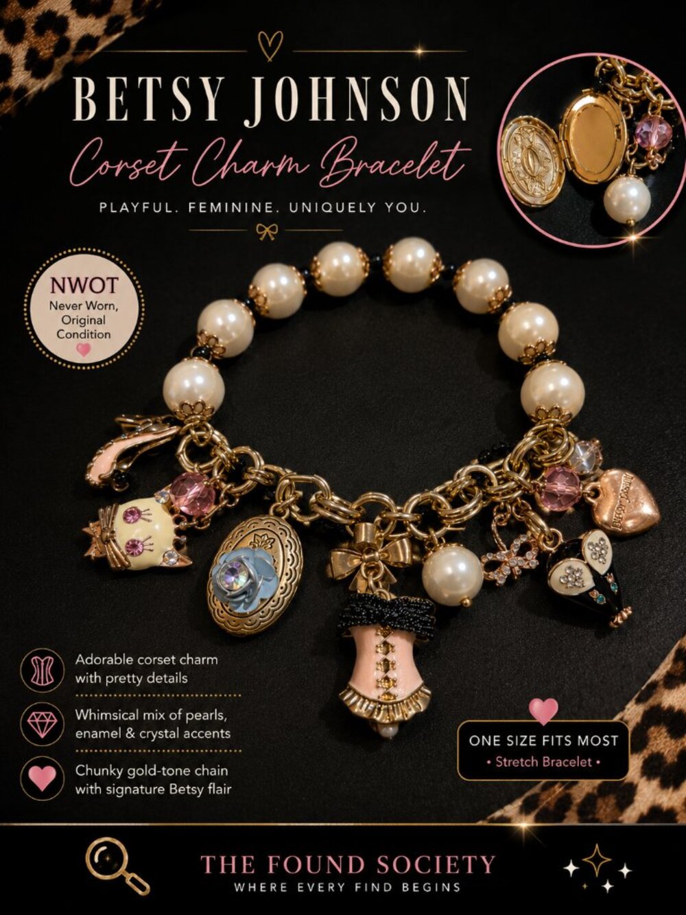Betsey Johnson NWOT Corset Charm Stretch Bracelet-Faux Pearl and Whimsical Charm
